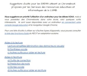 Quelques suggestions d'outils pour les EHDAA